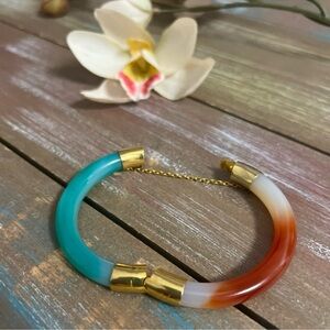 Tri-Color Jade Hinged Vintage Bangle
Bracelet with Safety Chain